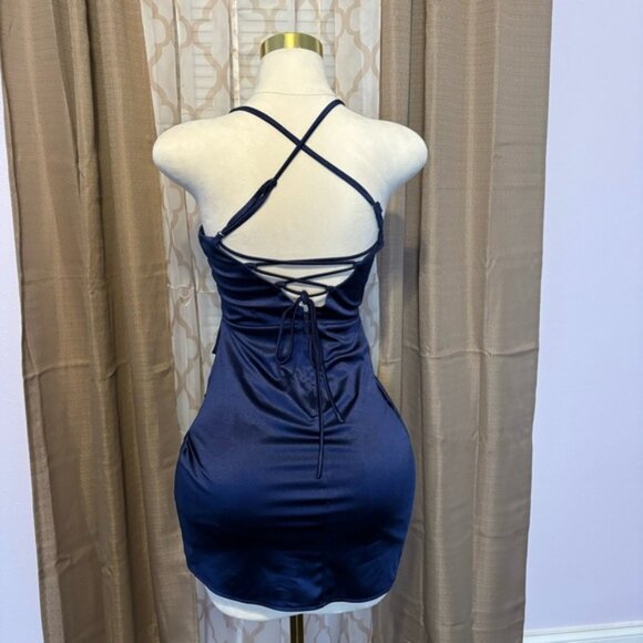 Elegant Navy Blue Halter Dress - Picture 2 of 3